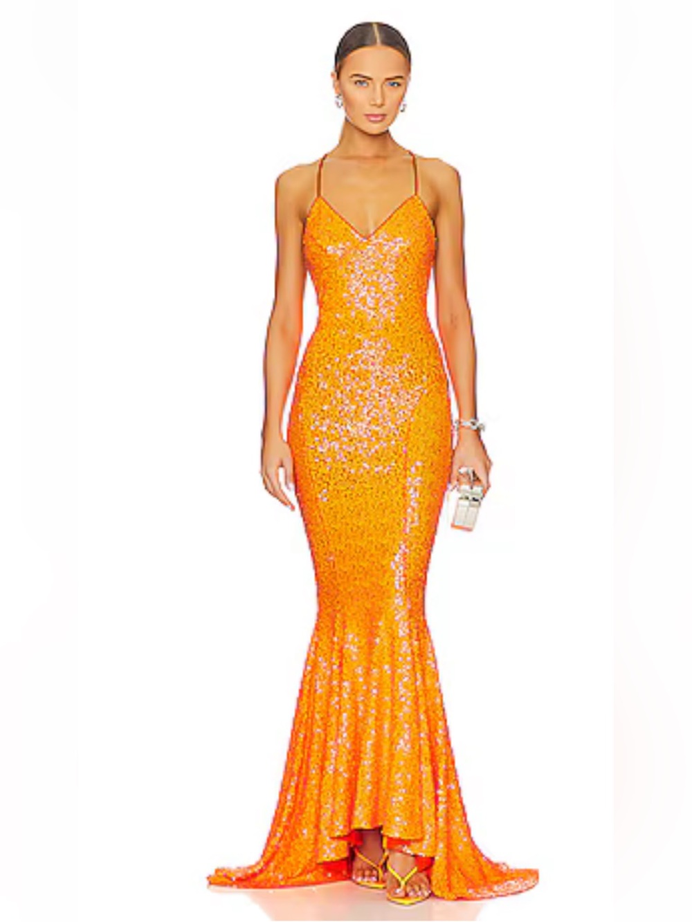 Norma Kamali XS Neon OrangeSequin Mermaid Fishtail Gown